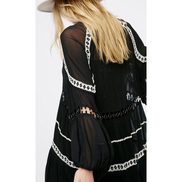 Free People Dark Horse Black Sheer Boho Maxi Dress M Embroidered Cutout - Picture 2 of 10